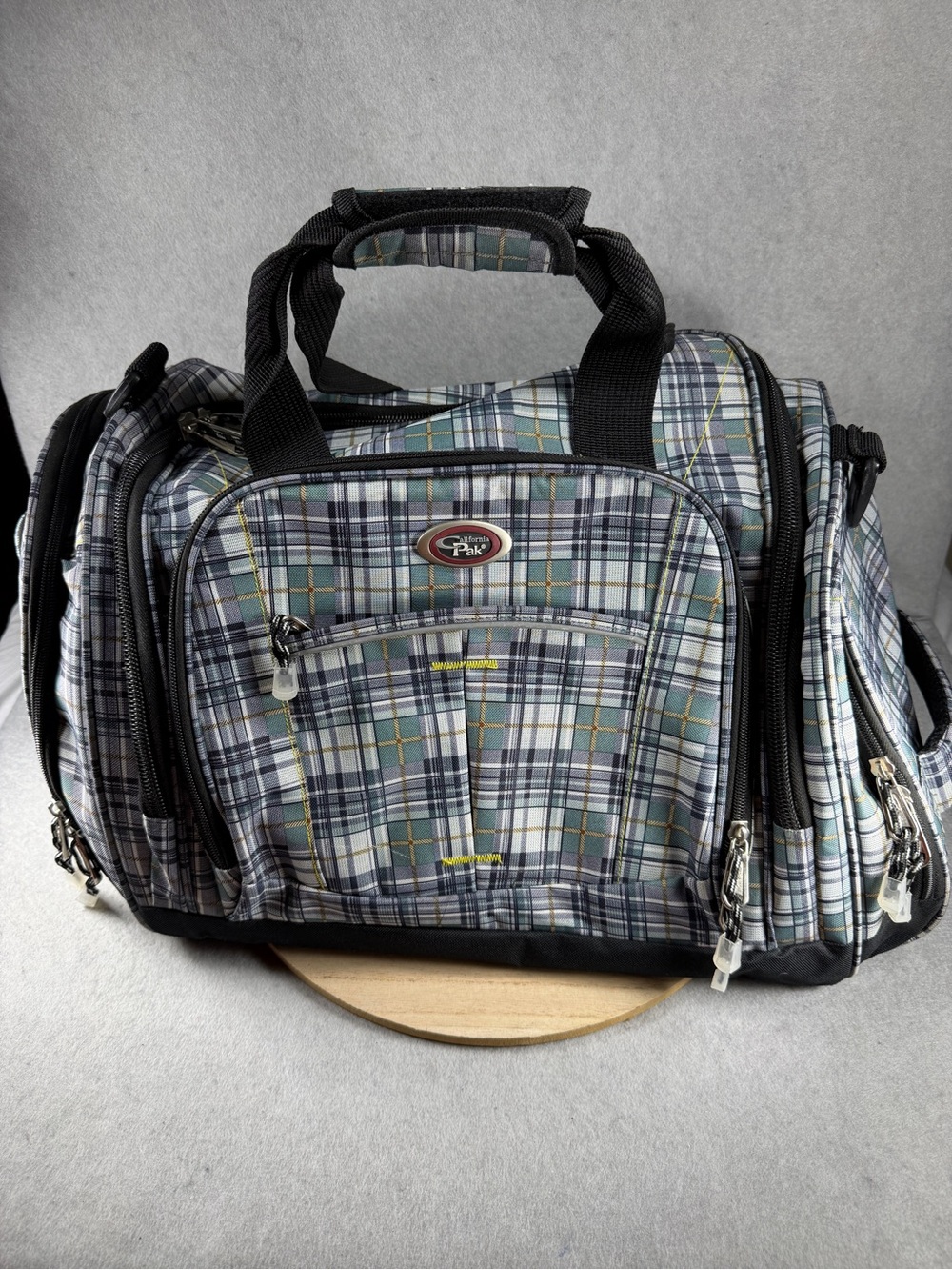 California Pak Green Plaid Multi-Pocket Travel Duffel Bag Weekender Carry-On